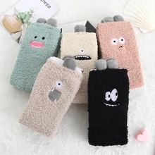 1 пара, милые пушистые носки с изображением маленького монстра, женские, коралловые, бархатные, средние, забавные зимние осенние носки, теплые хлопковые носки