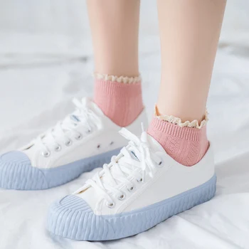 

Spring 2020 new ladies' double needle lace lace boat socks 100% cotton solid color day department institute style retro women's