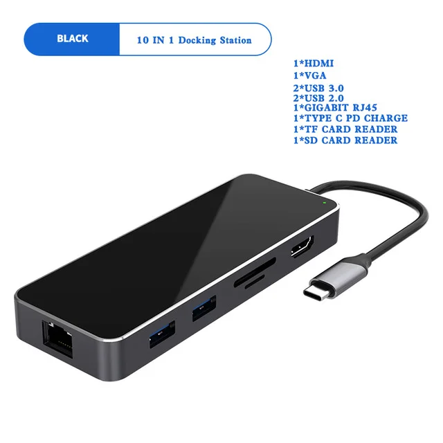 Black 10 в 1 концентратор USB C концентратор тип C к HDMI VGA RJ45 мульти порт док-станция с 3,5 мм разъем для наушников PD зарядка 10 порт usb-хаб - Цвет: Black