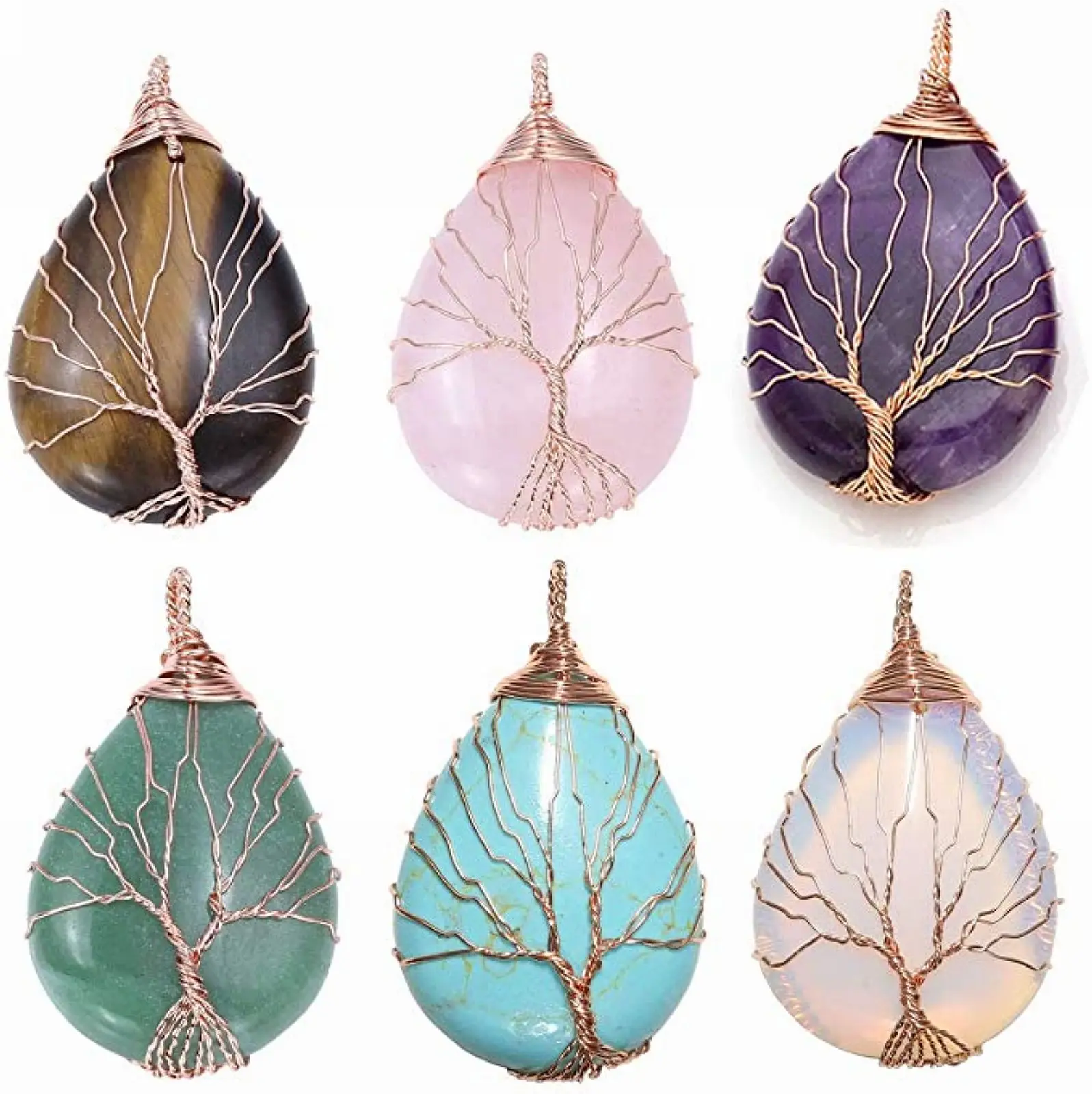 

Natural gemstone crystal teardrop wire wrapped copper tree of life pendant for necklace reiki chakra healing for women or men