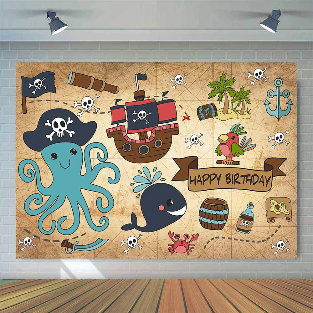 

Happy Birthday Backdrop for Photography Pirates of the Caribbean Whale Octopus Adventure Background for Photo Booth Studio