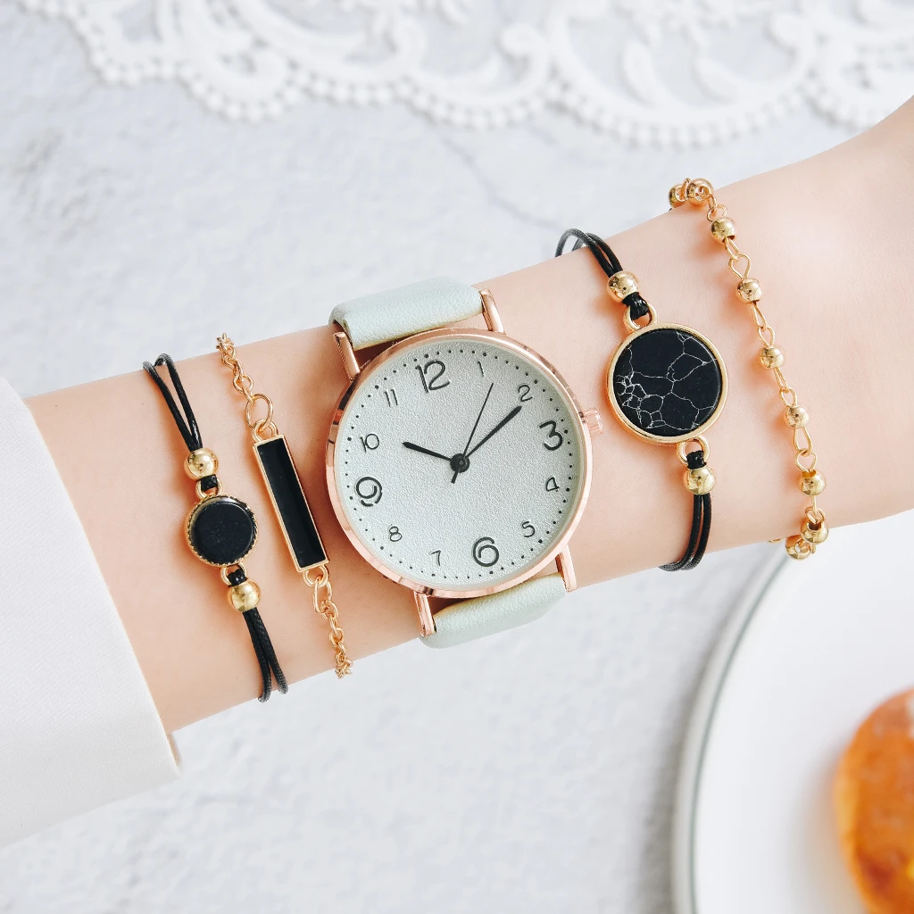 5pcs Set Watch For Women Luxury Leather Analog Ladies Quartz Wrist Watch Top Style Fashion Bracelet Watch Set Relogio Feminino