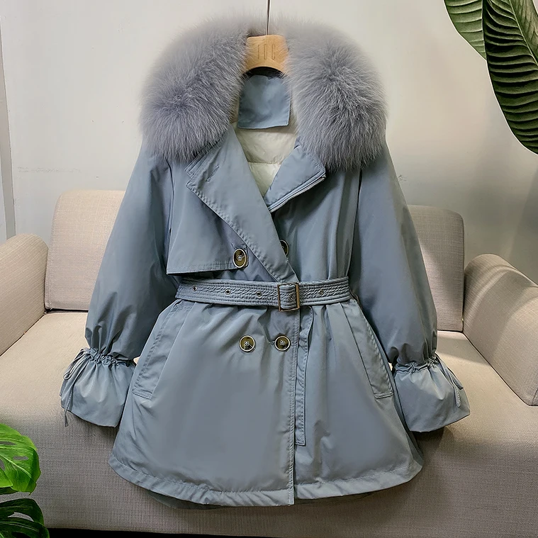 

Женский пуховик на 90% белом утином пуху, Толстая теплая парка с натуральным мехом енота и лисы, верхняя одежда для зимы