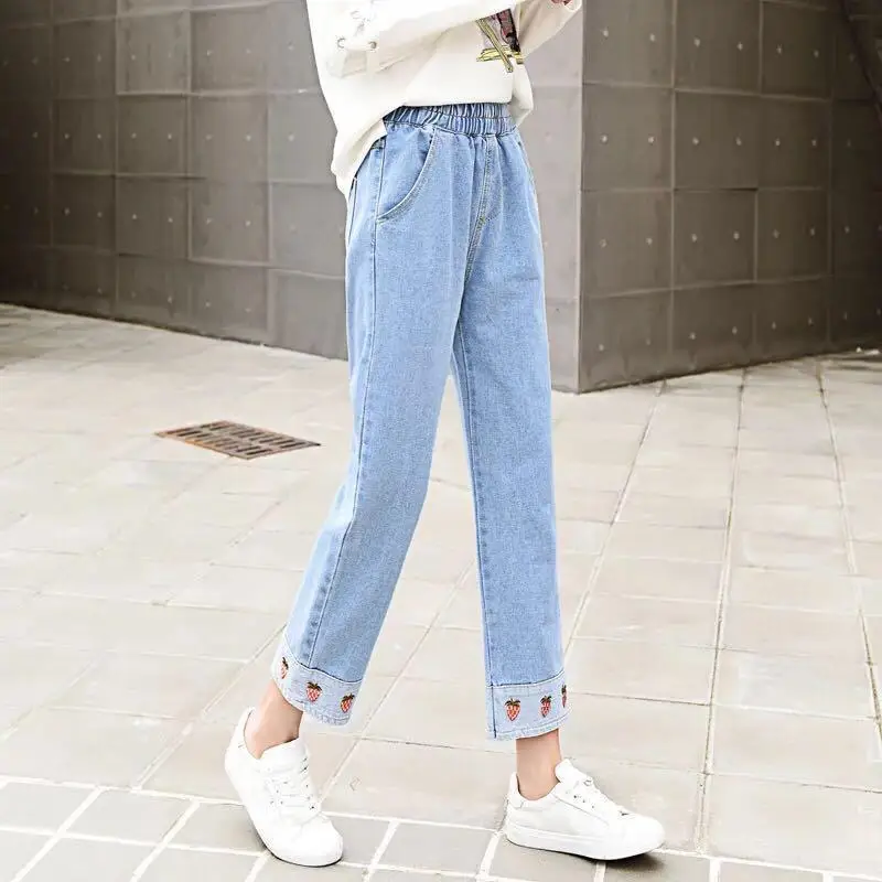 

Embroidery Sweet Jeans Women Student Casual Ankle-Length Loose Pants Spandex Straight High Waist Pocket Denim Trousers