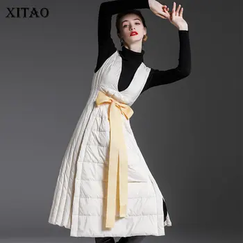 

XITAO Bandage Down Coat Pleated Split Sleeveless 2020 Winter Long Solid Color Casual Style Elegant Pleated Down Coat ZY1970