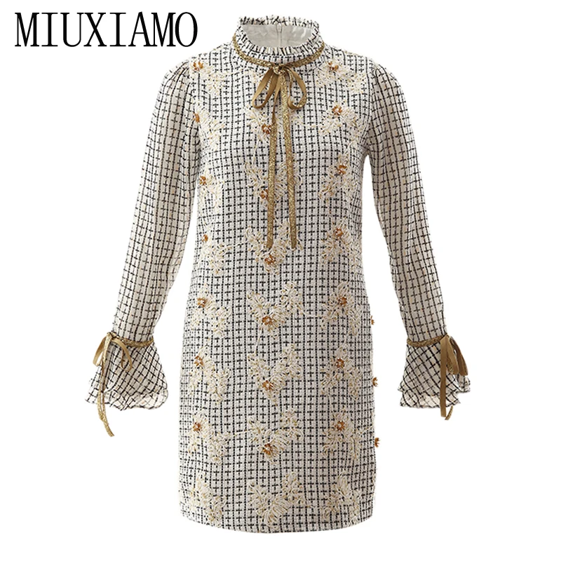 MIUXIMAO, высокое качество,, осеннее платье, Новое поступление, модное, длинный рукав, цветок, бриллианты, выше колена, Повседневное платье для женщин, Vestidos