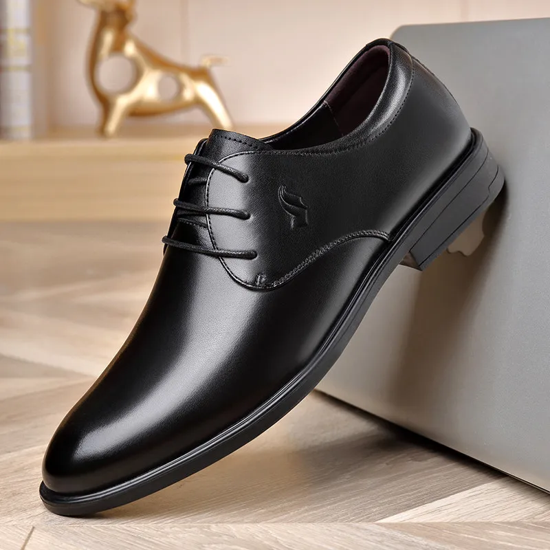 

2021 New Men Genuine Leather Oxfords Elegant Men Formal Dress Shoes Bridegroom Shoes Cowhide Round Toe Lacp-up men's shoes