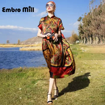 

Spring And Summer New Silk Beach Dress Printed Short-Sleeved Dubai Luxury Celebrity Cruises Party Holiday A-line Dress S-XL