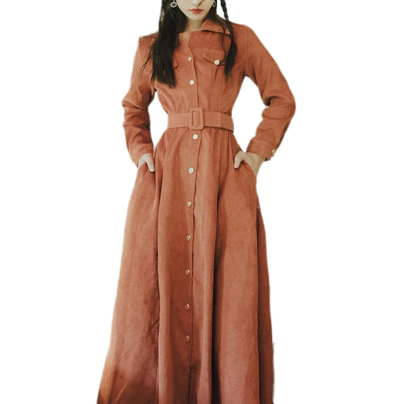 Long Sleeve Женское винтажное платье на осень и зиму цвета хаки Longo Vestidos, женское платье с отложным воротником и рукавом 3/4, вельветовое платье-рубашка с карманами S-XL - Цвет: Long Sleeve