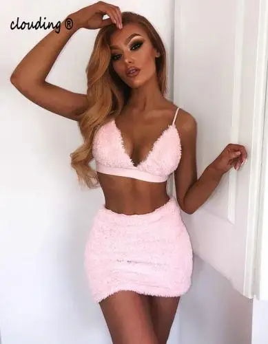 

Plus Size Sexy Women 2Pcs Vest Fuzzy Plush Bodycon Crop Top+Mini Skirt Set Backless Suits Party Clubwear Clothes Sets S-Xl