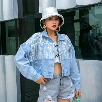 

Thai tide brand heavy industry tassel ultra short denim jacket female Hong Kong style loose handsome beaded washed jacket