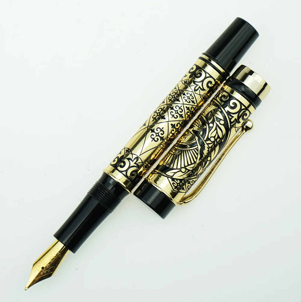Fuliwen Metal Fountain Pen Lacquered Black & Gold Plate, Beautiful Patterns Medium Nib Gift Pen Business Office Supplies