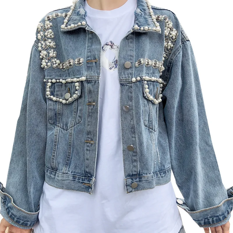 

Женская джинсовая куртка с длинным рукавом, Короткая Повседневная винтажная куртка-бомбер из денима с жемчужными бусинами в уличном стиле, осень 2024