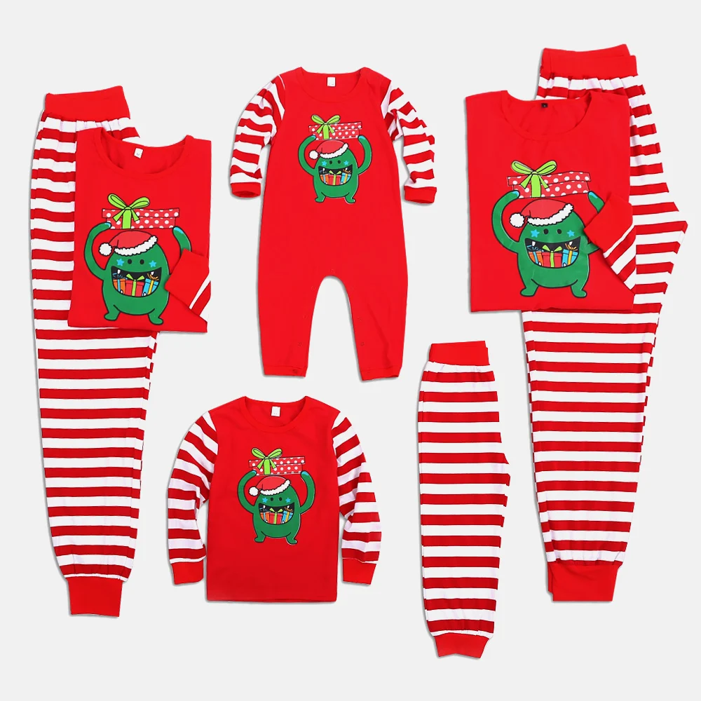 

Christmas Stripes Monster Matching Pajamas in Red Long Sleeves Round Collar Winter Cotton for Baby Girl 3-12M Dad L
