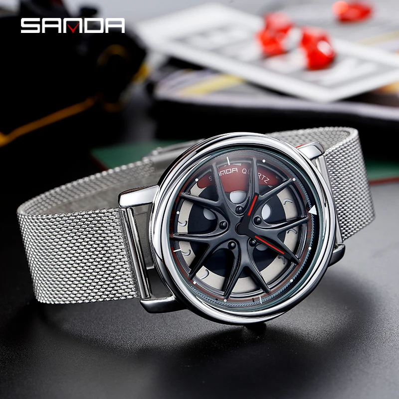 SANDA Special Wheel Shape Rotating Dial Quartz Watches Quality Steel Mesh Belt Life Waterproof Men Watch Relogio Masculino 1025