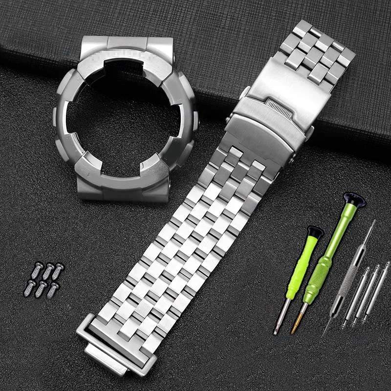 76NO silver Set Твердый ремешок для часов из нержавеющей стали и чехол для GA-110GB GA110/100 GLS-100 ремешок для часов из цельного металла модифицированный браслет чехол для часов - Цвет ремешка: 76NO silver Set