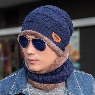 Navy Blue Мужская зимняя шапка шарф в Корейском стиле-модная шерстяная вязанная теплая шапка зимняя уличная велосипедная - Цвет: Navy Blue