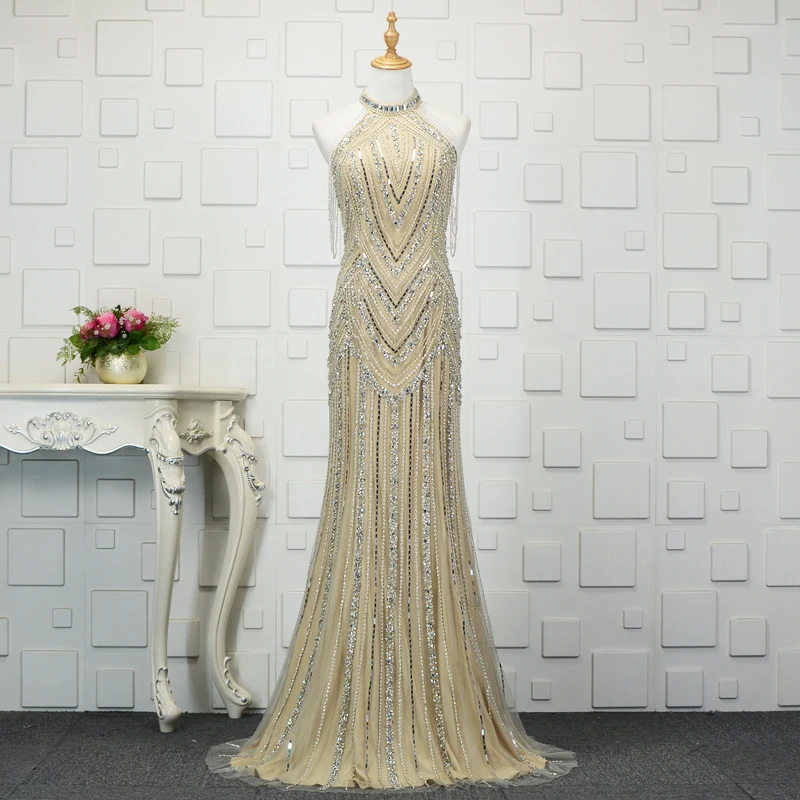 Роскошное платье с бретелькой на шее, украшенное кристаллами и бисером, Vestidos De Festa, с открытыми плечами, Русалка, строгое длинное вечернее платье