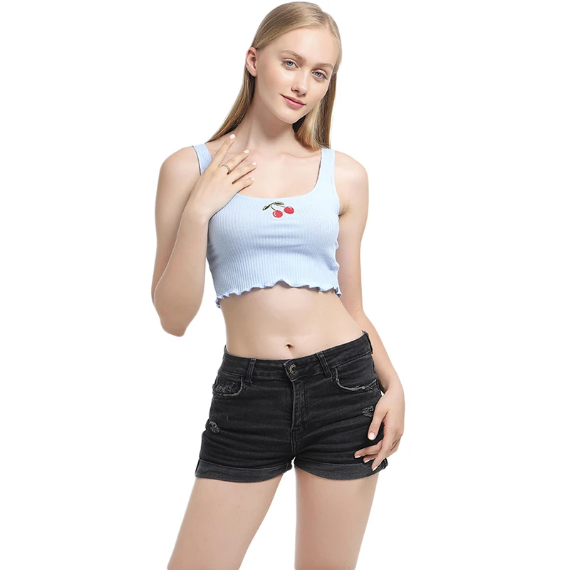 Women Sexy Vest Small Fresh Embroidered Pit Summer Square Collar Tank Tops Sleeveless Cherry Printed Casual Vest Tanks