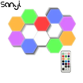 

LED Quantum Hexagonal Wall Lamp 10PCS/Set DIY Night Light Touch Sensitive Hexagonal Lamps Modular Wall Lampara Remote Control