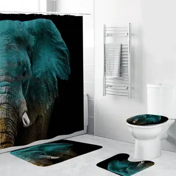 

4PCS/Set Elephant Shower Curtain Bath Curtain Waterproof Polyester Shower Curtain Non-Slip Bathroom Rugs