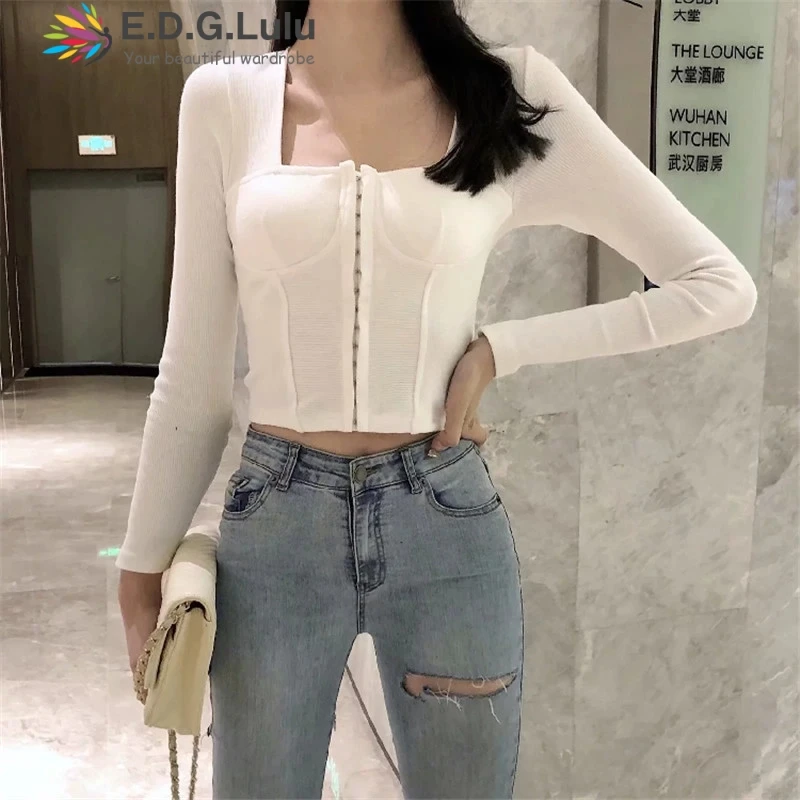 EDGLuLu белый корсет топ длинный рукав квадратный вырез блузка сексуальный уличный