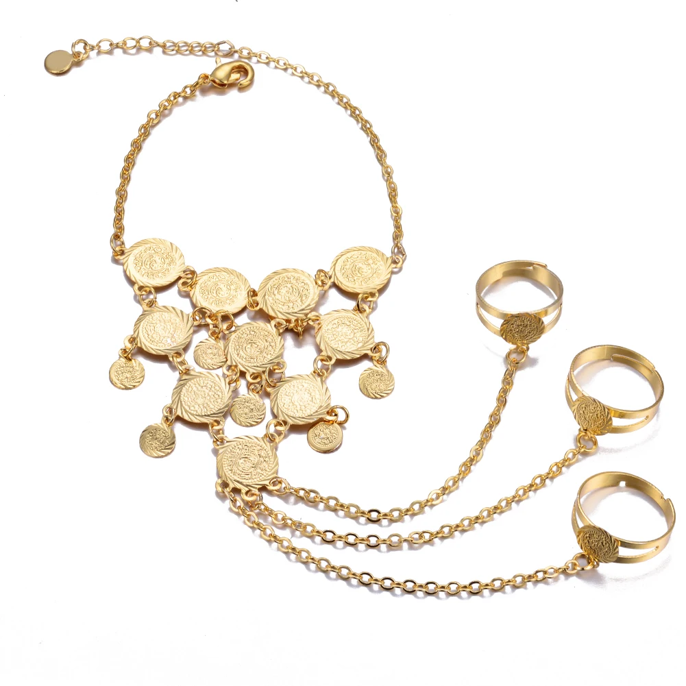 Women Gold Color Coin Bracelet Bangles in chain link Rings Dress Bracelet for Arab Middle East