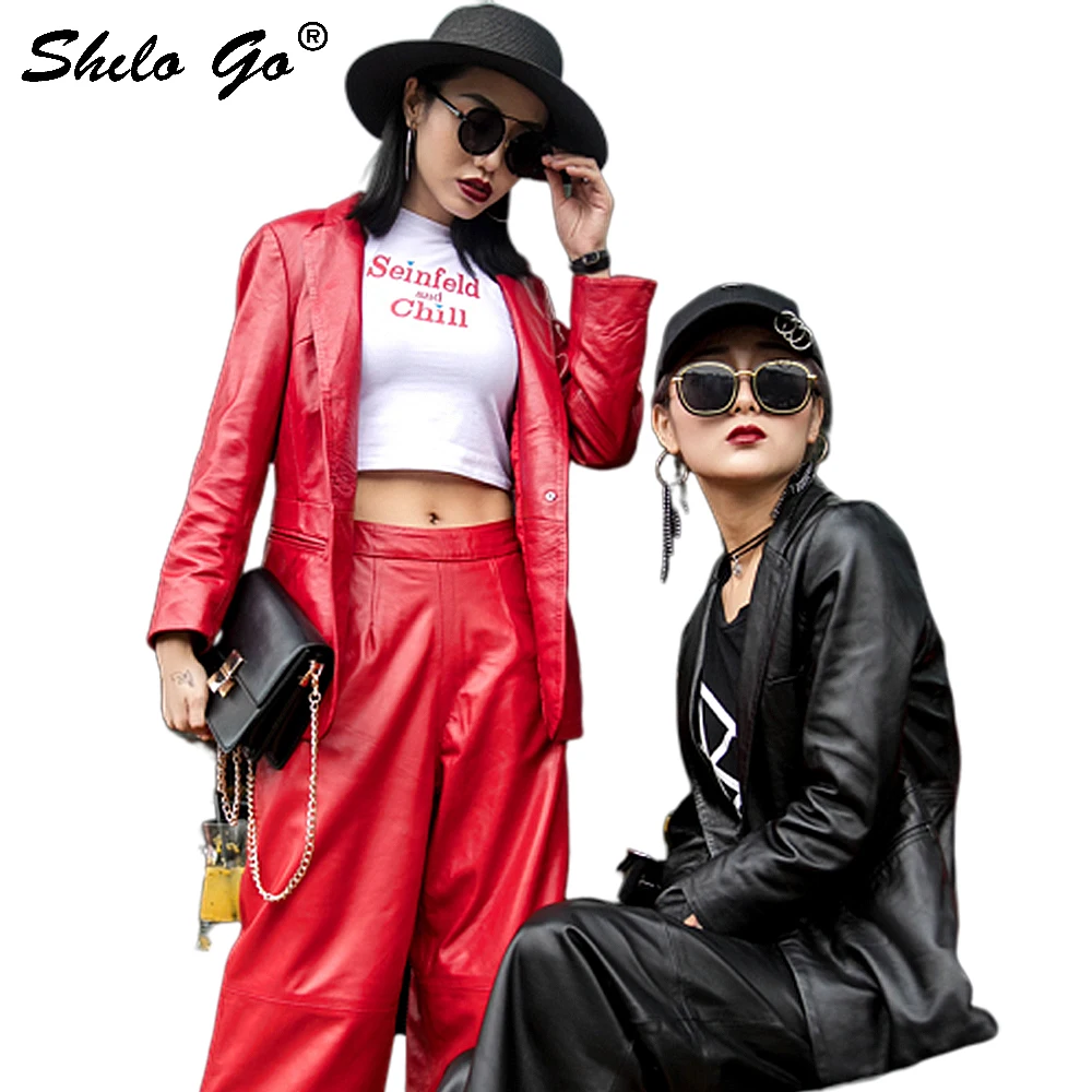 Genuine Leather Coat Office Lady Elegant Notch Collar Pocket Single Button Highstreet Blazer Autumn Women Workwear Outerwear