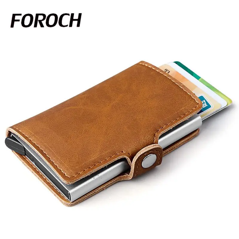 

Fashion men antitheft metal id card holder RFID wallet aluminium credit card holder crazy horse PU leather travel card wallet
