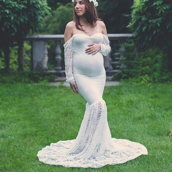 

Women Maternity Photography Lace Dress Pregnancy Off Shoulder Long Sleeve Dress For Photo Shoot Clothes Props Pregnant Dress