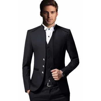 

[XZ36] Formal Chinese Style Mens Stand Collar 3 Pcs Tuxedo For Business Single Breasted Wedding Suits For Groom Prom Blazer