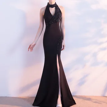 

Dressv Black Halter Neck Evening Dress Mermaid Floor Length Sleeveless Appliques Wedding Party Formal Gowns Evening Dresses