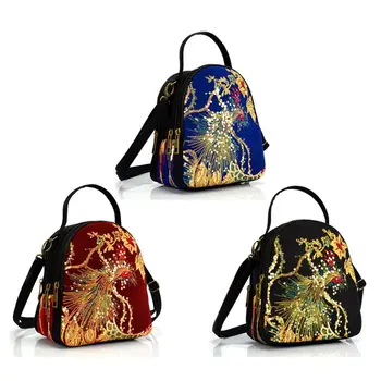 

Women Canvas Crossbody Shoulder Bag Ethnic Sequins Peacock Embroidery Handbag LX9F