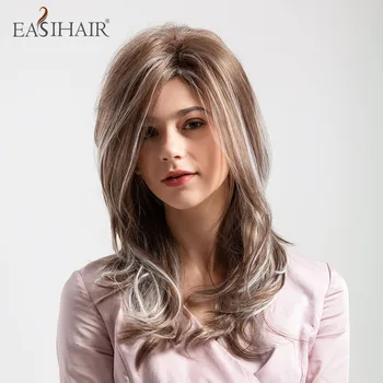 

EASIHAIR Brown Mixed Grey Layered Synthetic Hair Wigs for Women Daily Natural Wavy Hair Heat Resistant Cosplay Wigs