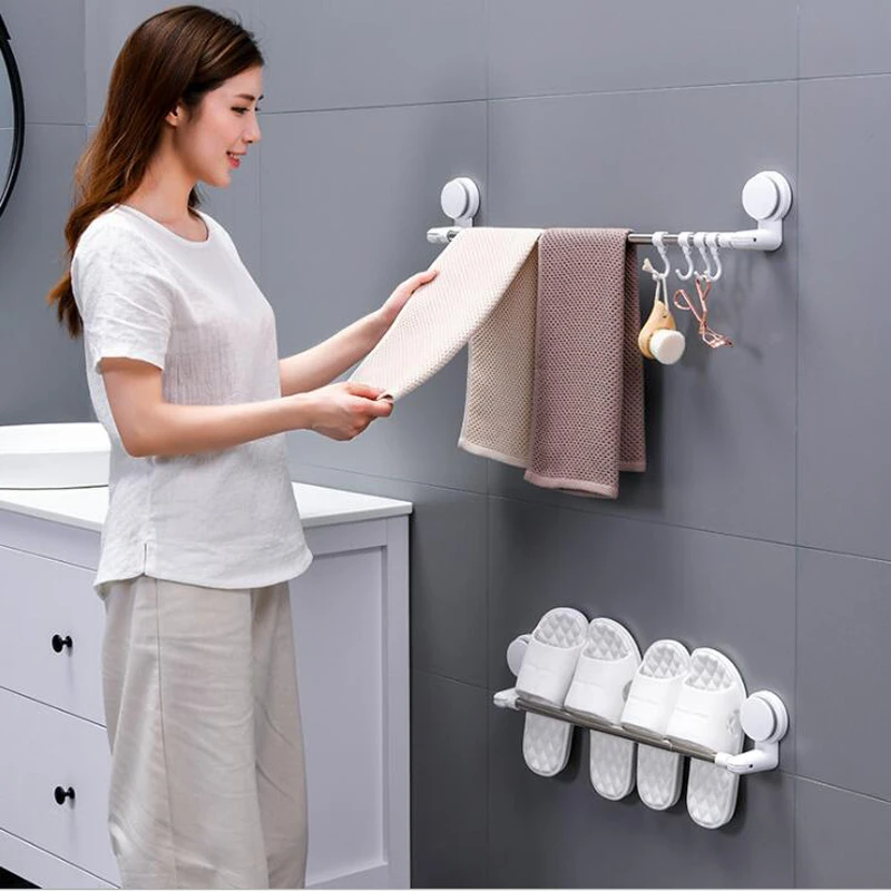 Stainless Steel Towel Rack Wall Mounted Suction cup Towel Hanger Bathroom Bar Shelf Roll Holder Hanging Hook Shoes Rack