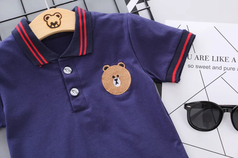 Y428 boy Summer suits baby lapel embroidered bear collar shirt two-piece suit infant child summer short-sleeved clothes