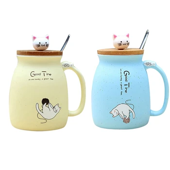 

2pcs New Sesame Cat Heat-Resistant Cup Color Cartoon with Lid Cup Kitten Milk Coffee Ceramic Mug Children Cup Office Gifts - Bei