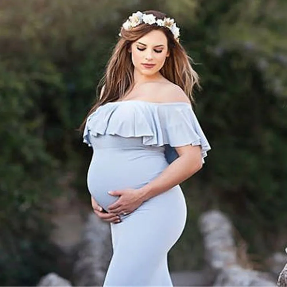 High Split Maternity Dresses for Baby Showers Photo Shoot Off Shoulder Long Sleeve Maxi Gown Pregnancy Dress Photography Props