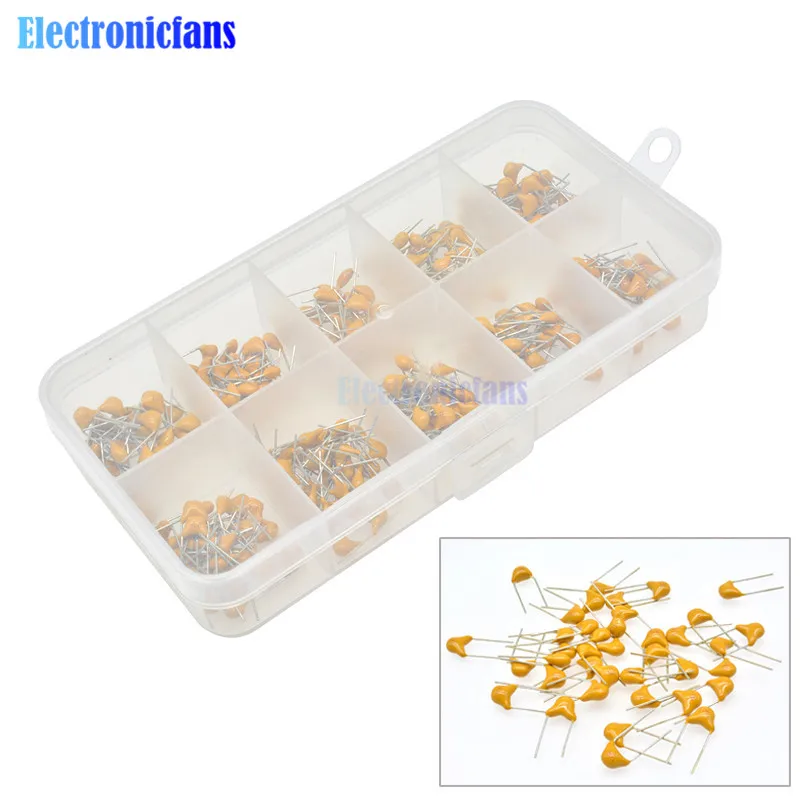 300 шт. 10 стоимость 10pf ~ 10nF с алюминиевой крышкой 50В 10pF 20pF 30pF 47pF 56pF 68pF 100pF 1nF 100nF