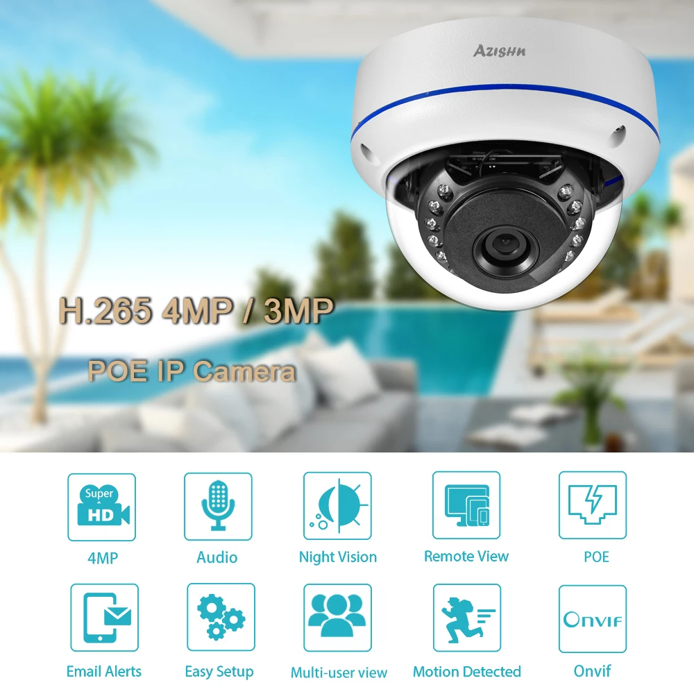 AZISHN H.265 4MP безопасности Аудио запись ip-камера металлическая Антивандальная наружная ONVIF CCTV видео сетевая камера 48 в POE
