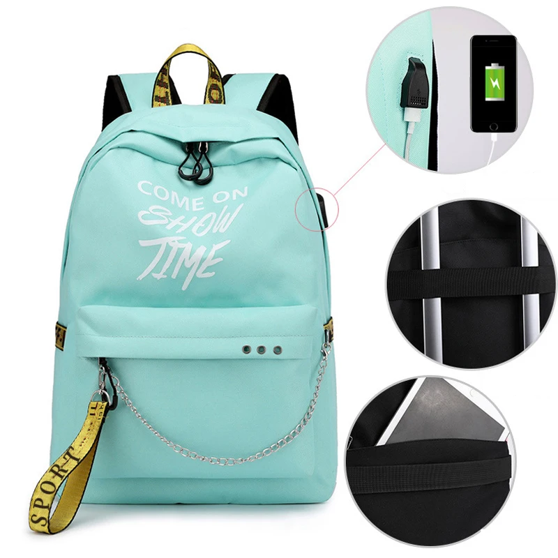 lake green USB зарядка Школьная Сумка подростковая обувь для девочек средняя школа студентов Путешествия плеча рюкзаки для женщин РФ местная - Цвет: lake green