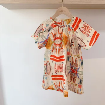 

WLG Girls Cute Dresses Kids Short Sleeve Printed Dress Summer Loose Party Clothes Baby Girl Dress for 1-6 Years