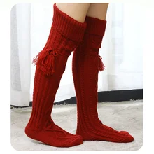 Red Black Gray Winter Warm Thick Over Knee Scrunch Slouch Long Knitted Stocking Socks Women