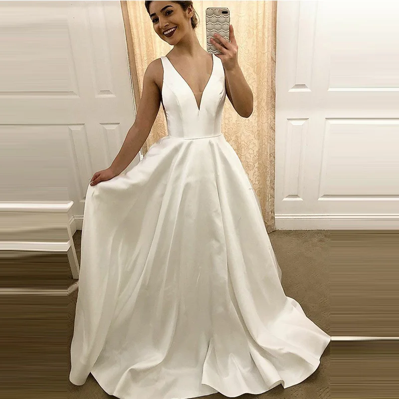Simple Satin V Neck Bridal Dresses 