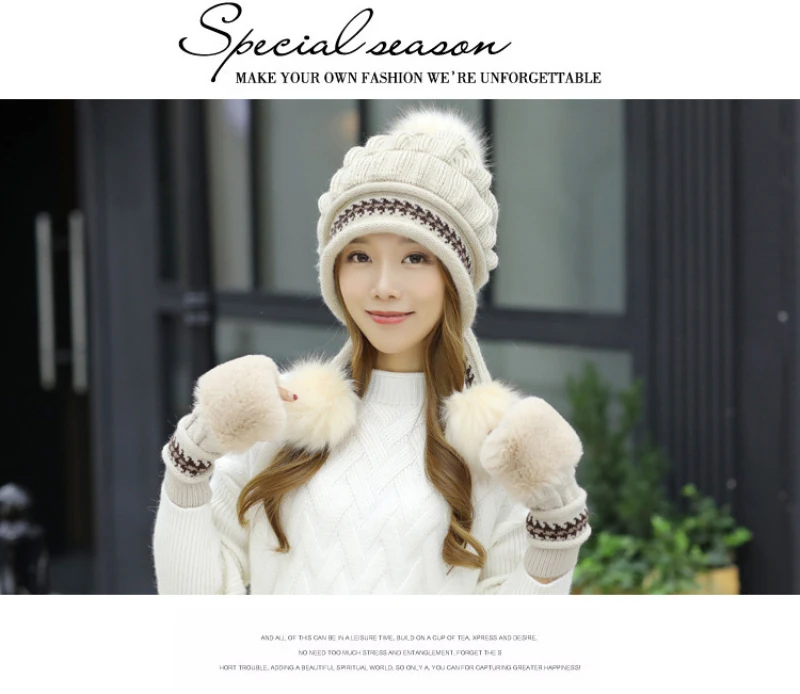 HT2690 Autumn Winter Hat Gloves Set Fur Pompoms Knitted Ear Flap Cap Ladies Fur Knitted Hat and Gloves Female Winter Accessories