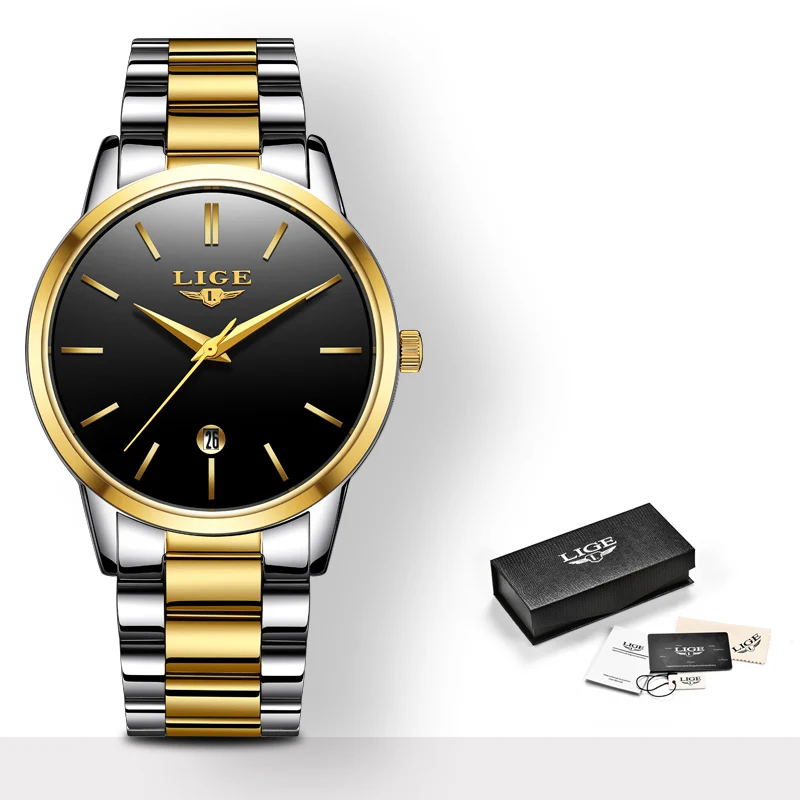 GOLD BLACK LIGE новые золотые часы женские креативные стальные женские часы-браслет женские часы Relogio Feminino Montre Femme - Color: GOLD BLACK