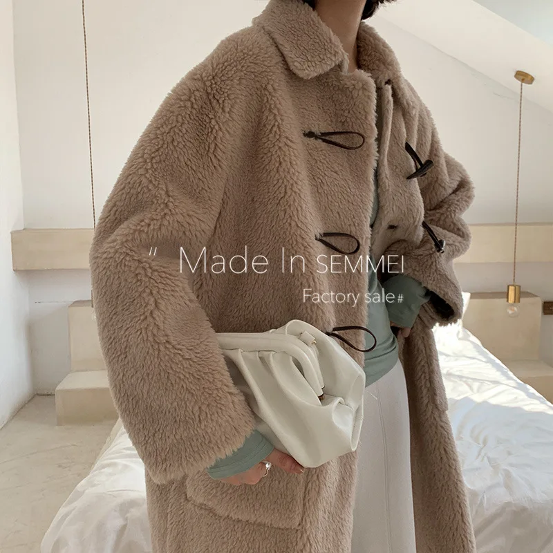 Bontjas winter warme dikke Hoorn gesp maxi lange bontjas camel roze blauw kleur vrouwen nieuwe Bontjas winter warme dikke Hoorn gesp maxi lange bontjas camel roze blauw kleur vrouwen nieuwe
