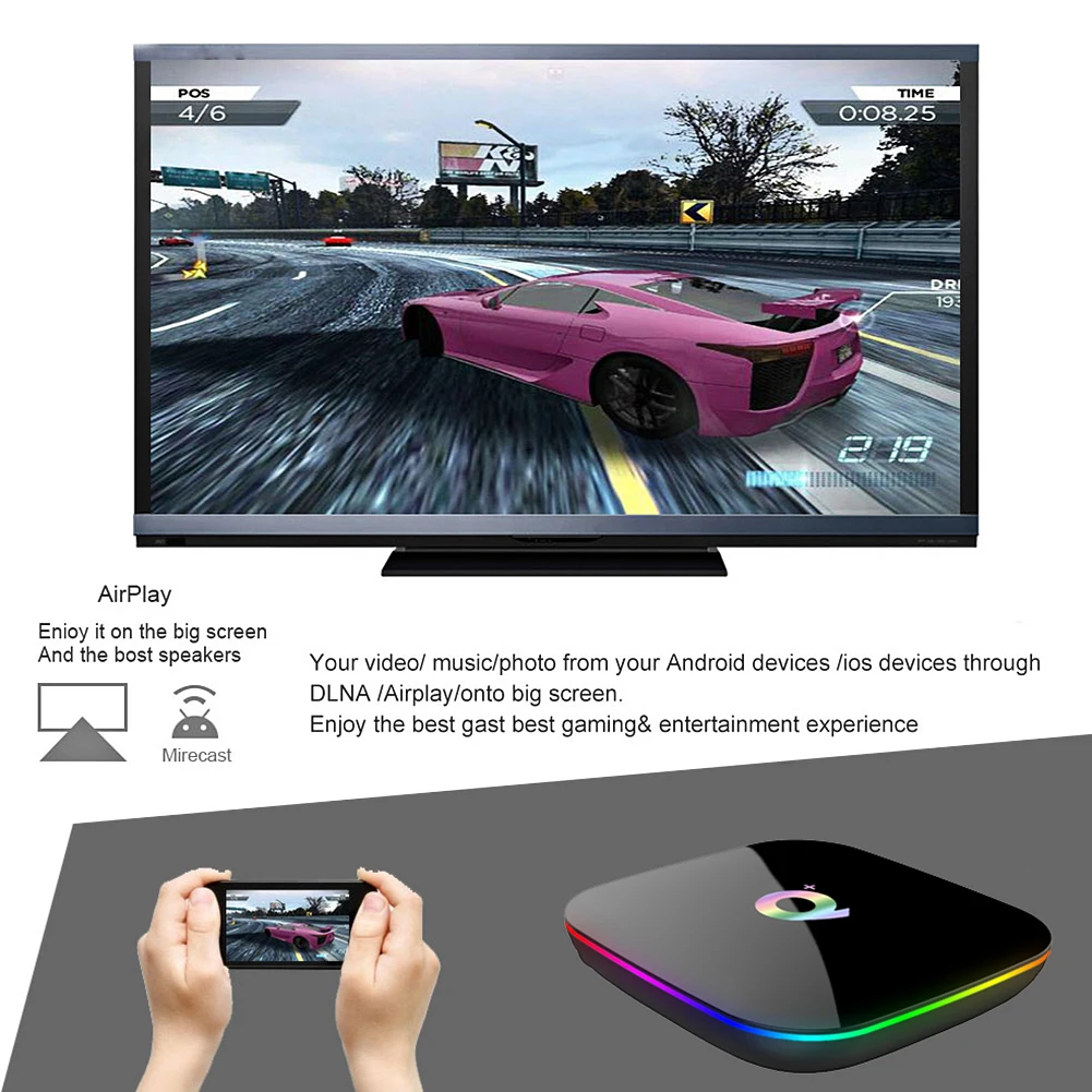 2019 Q PLUS Android 9.0 TV Box 4GB RAM 32GB ROM Wifi 2.4GHz Quad-core cortex-A53 HDMI 2.0 Support 6