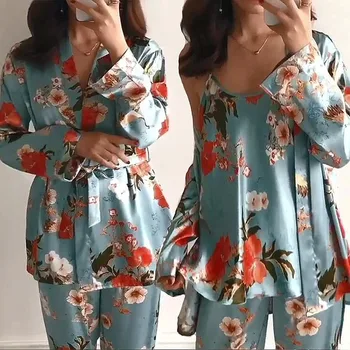

3PCS Women Pajamas Set Lady Emulation Silk Pyjama Sets Flower Sleepwear Female Leopard Satin Homewear With Removable Padded