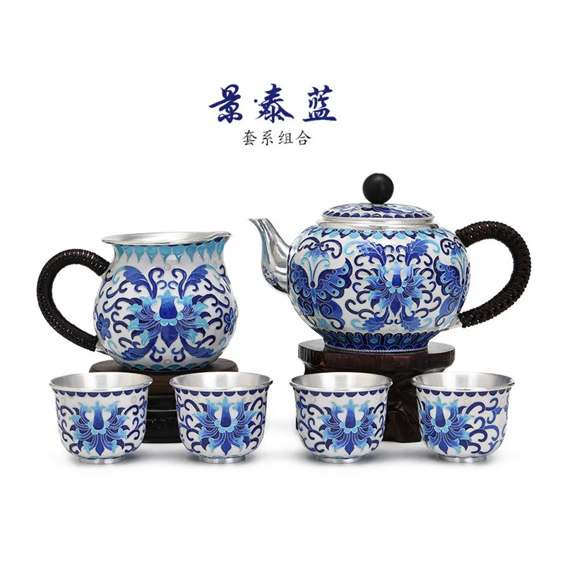 

Cloisonne Tea Set Butterfly Love Flower Handmade Enamel Teapot Tea Cup Silver Tea Set